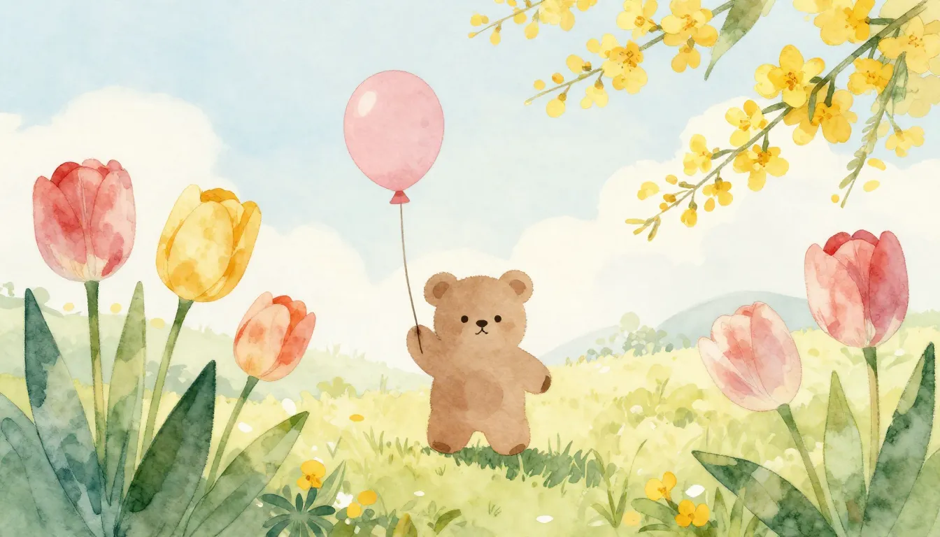 Watercolor style. Bright spring flowers, tulips and mimosas,...