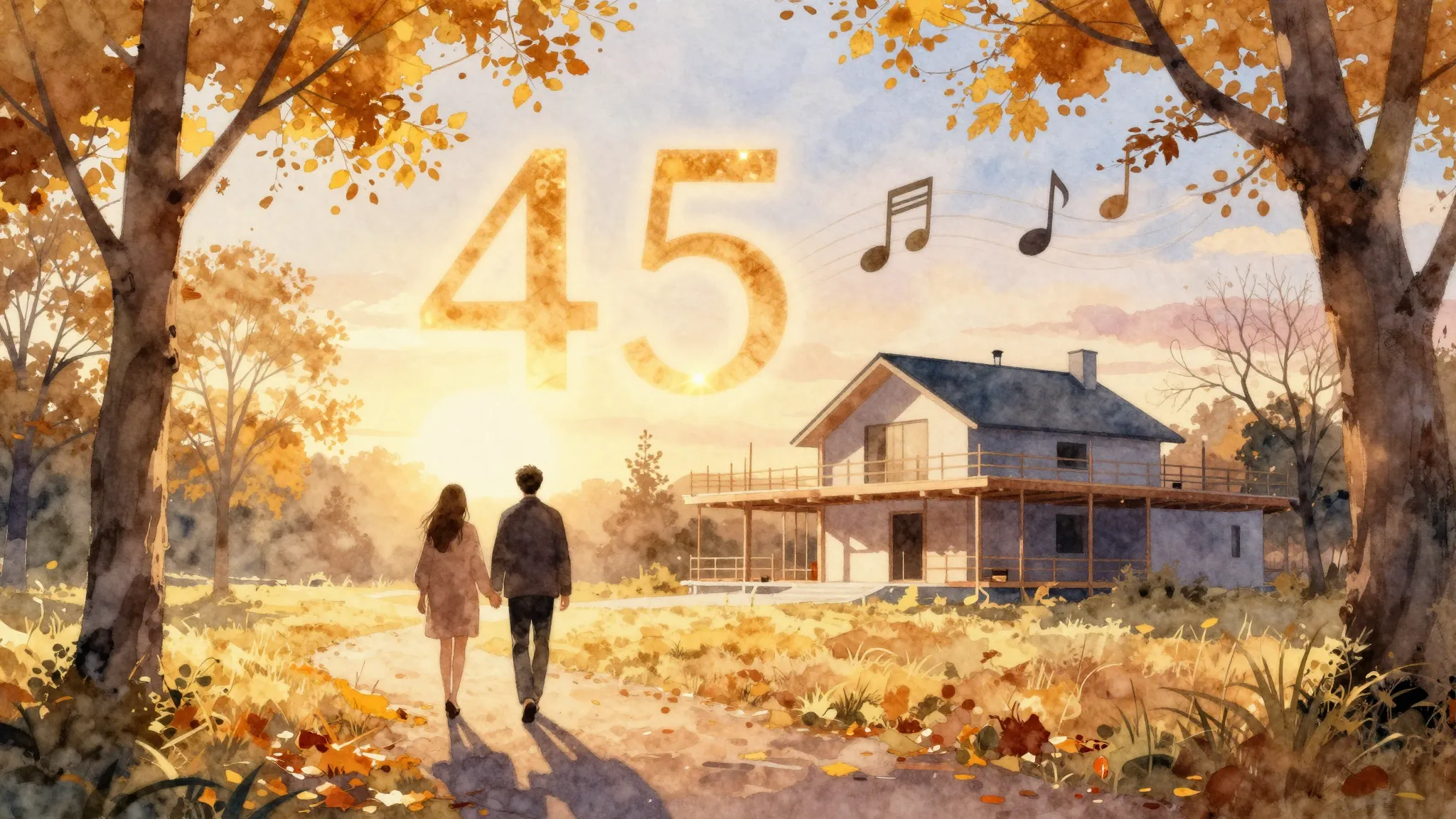 Watercolor style. A golden autumn park with silhouettes of a...