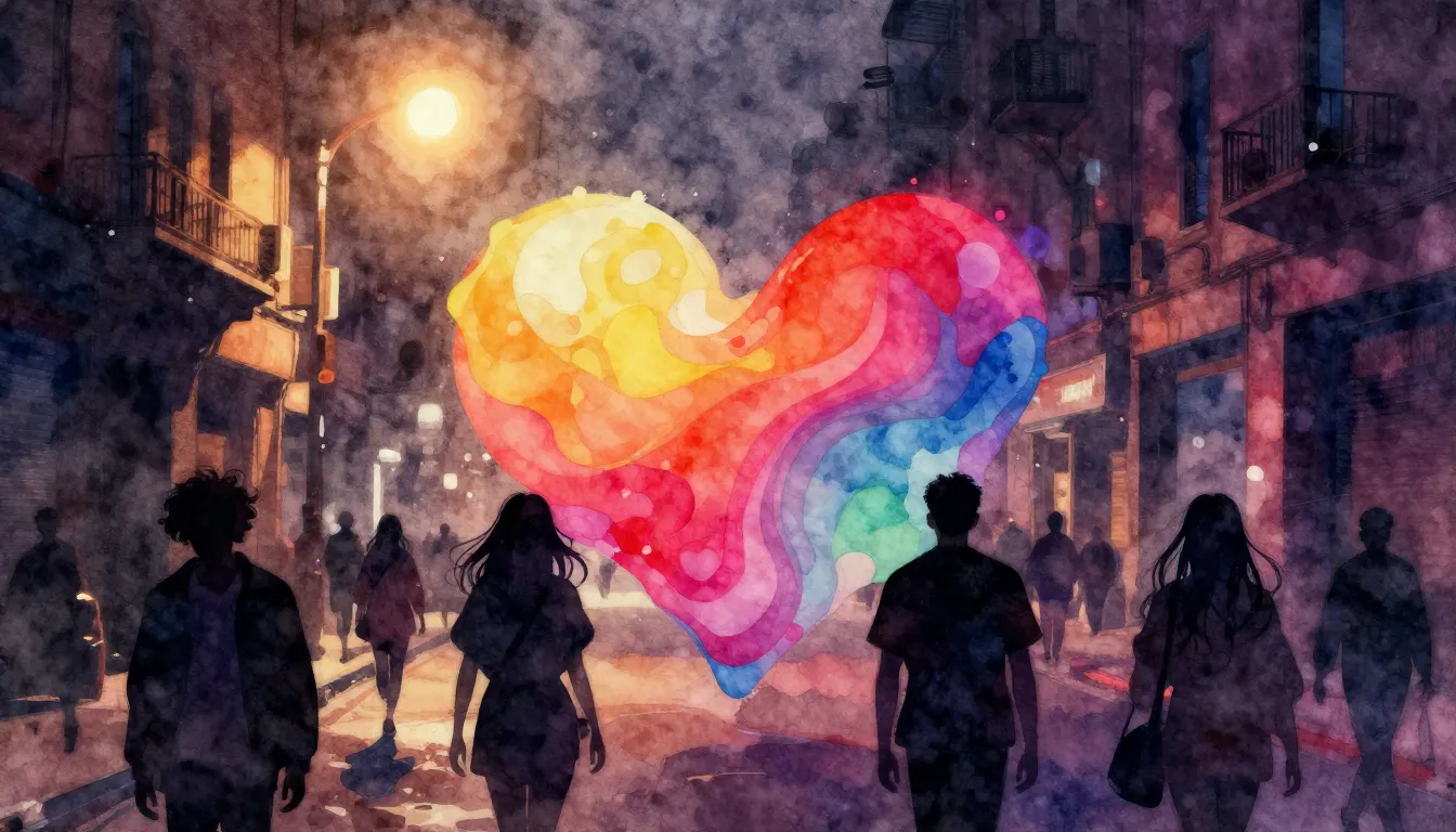 Vibrant watercolor style. Pop dance album cover. Dark, dusty...