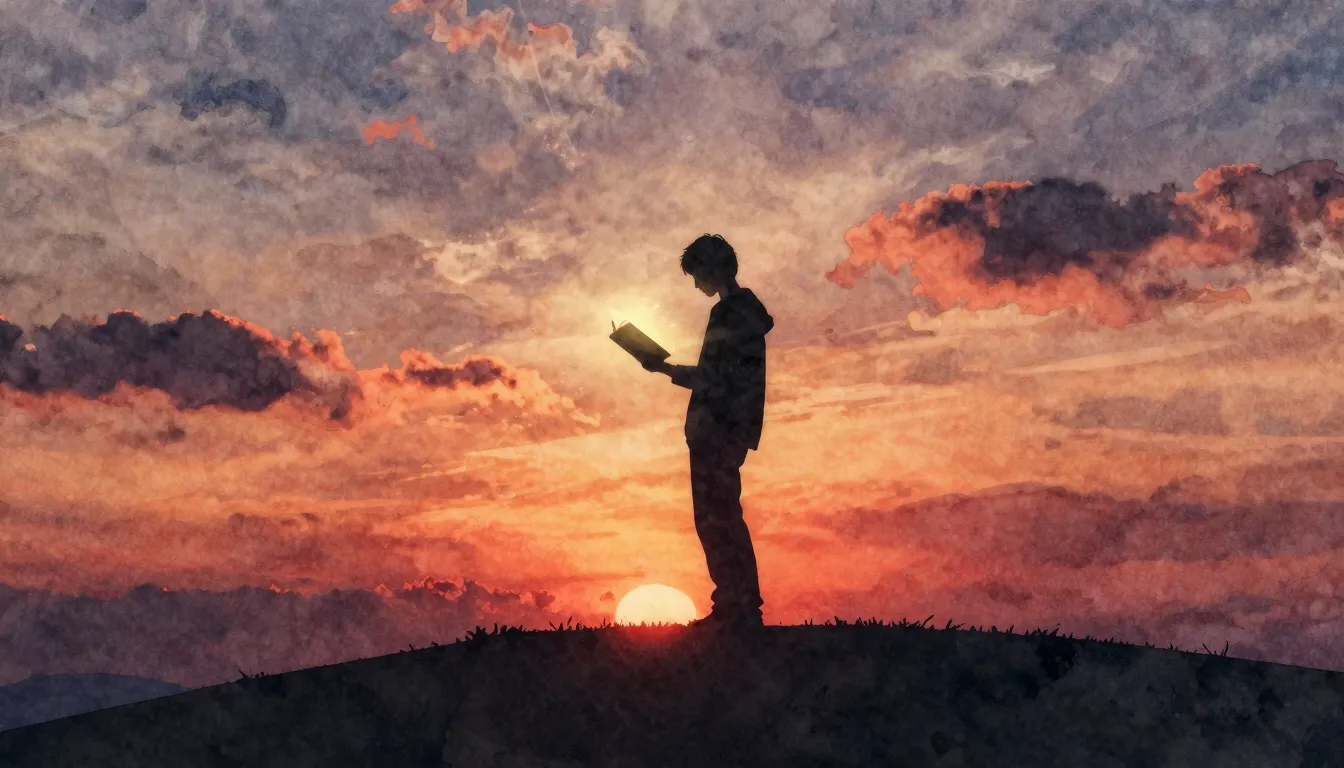Watercolor style. Silhouette of a person standing on a hill ...