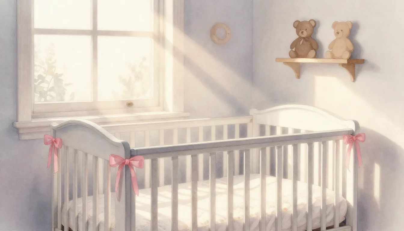 Watercolor style. Soft pastel nursery room, a crib with pink...