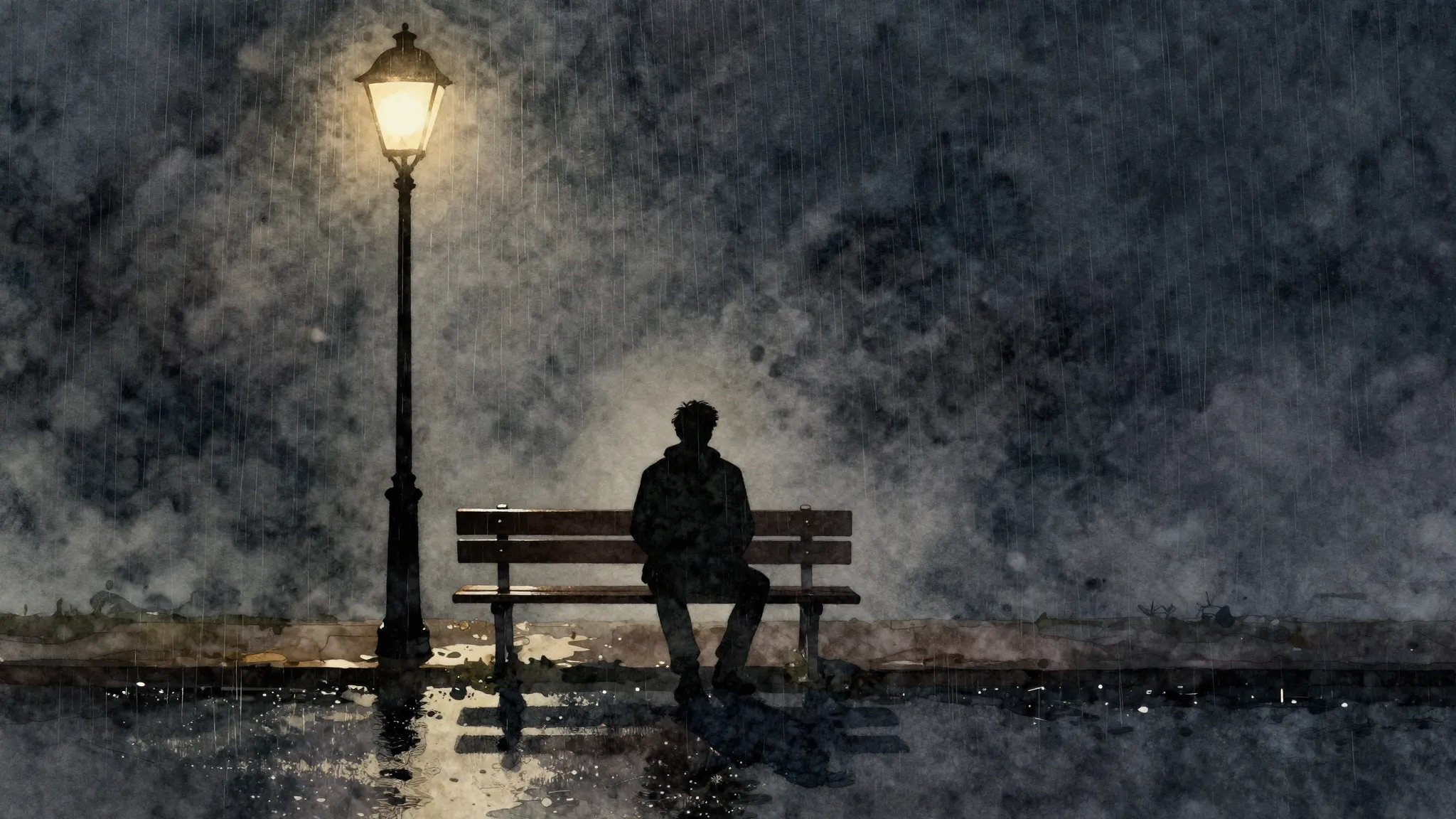Watercolor style. A lonely silhouette of a man sitting on a ...