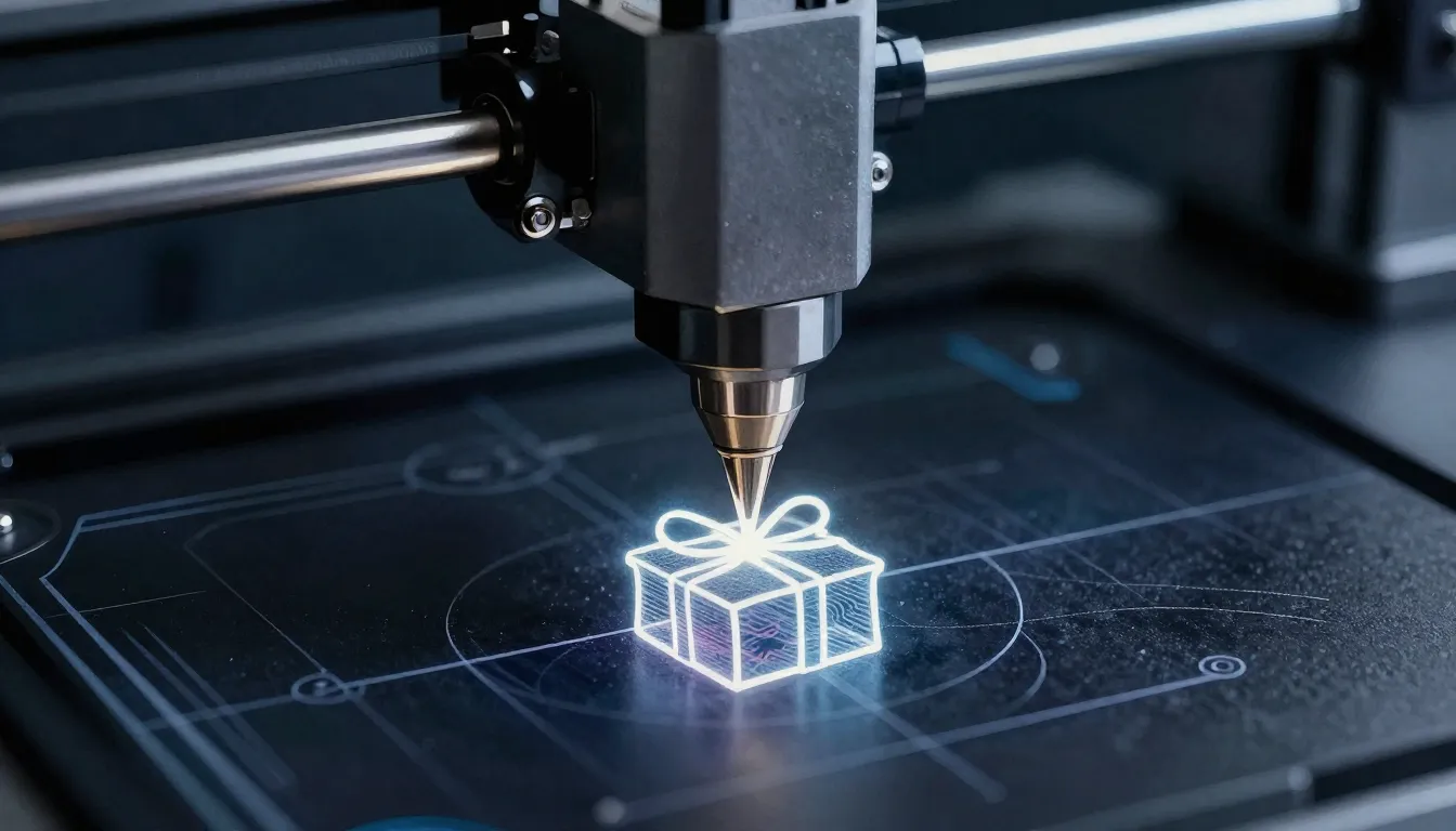 Watercolor style. A high-tech 3D printer nozzle creating a d...