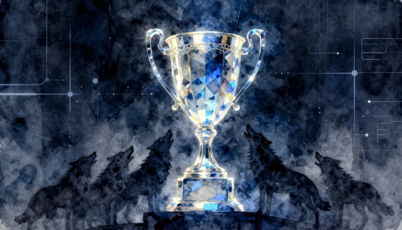 Watercolor style. A glowing winner's cup trophy made of crys...