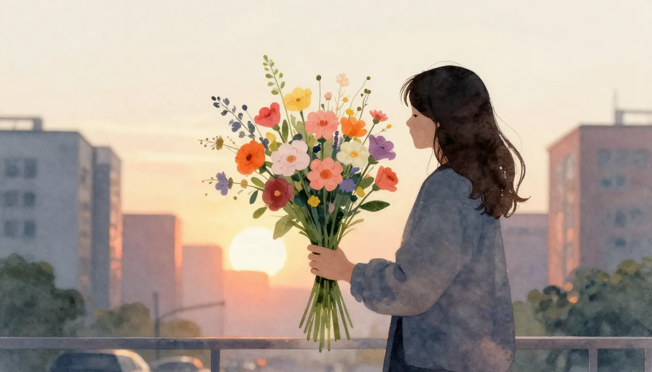 Watercolor style. A silhouette of a person holding a large b...