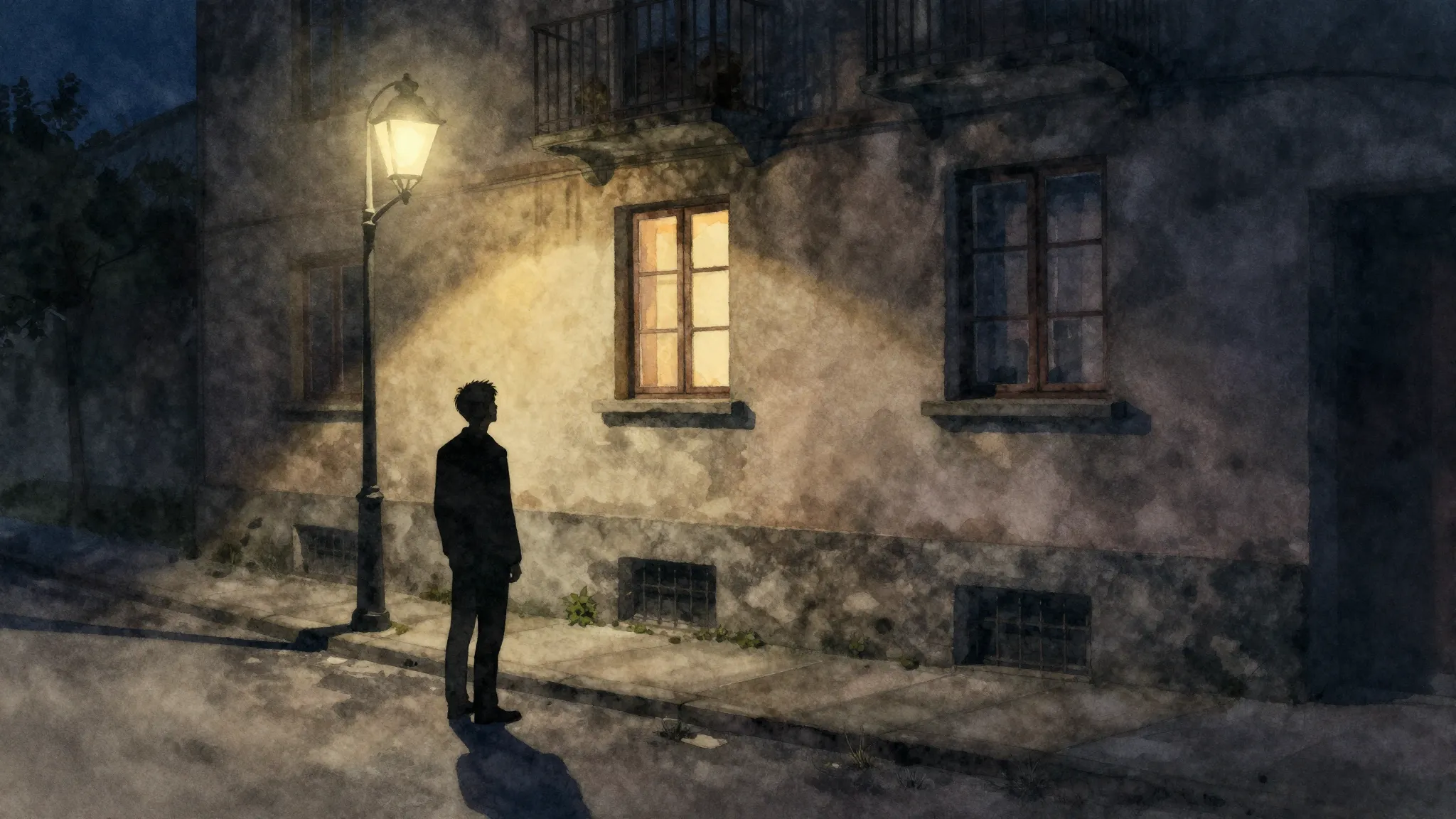Watercolor style. A silhouette of a man standing alone on a ...
