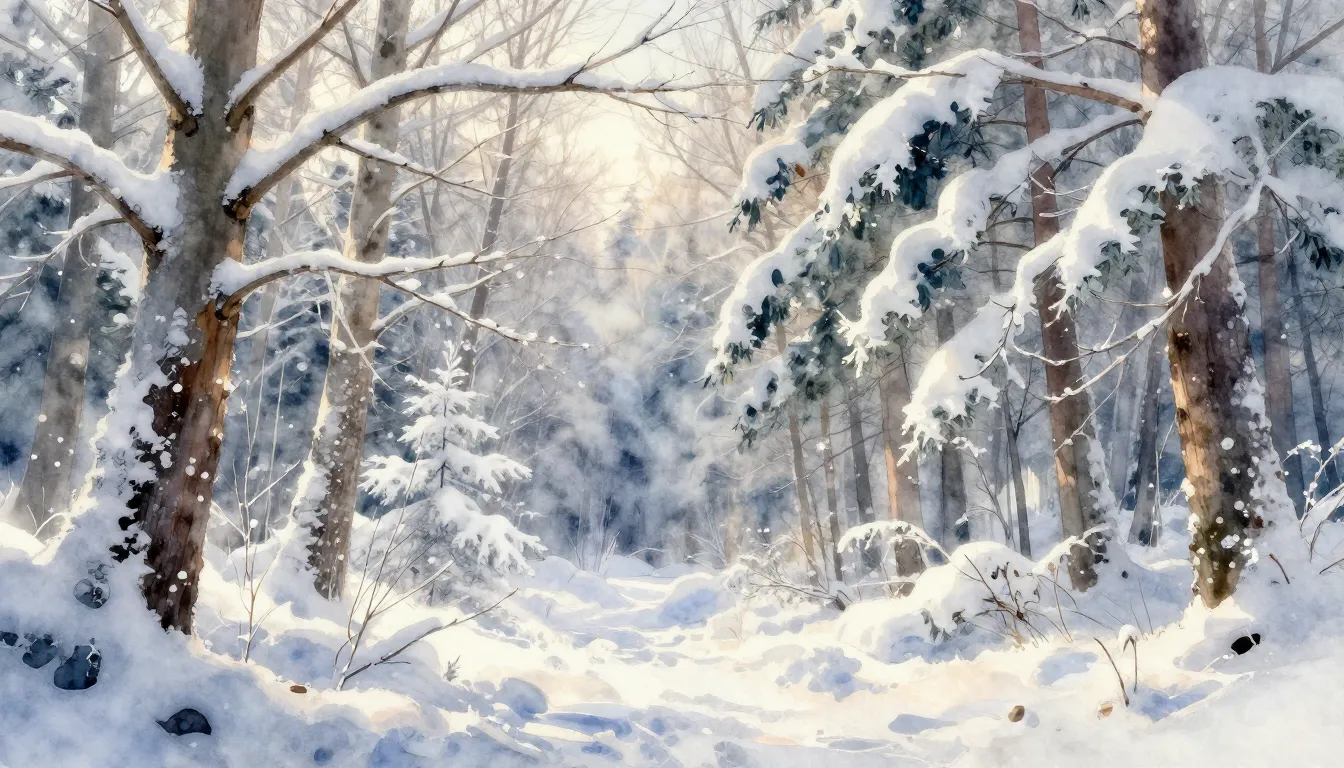 Watercolor style. Magical winter forest landscape, trees hea...