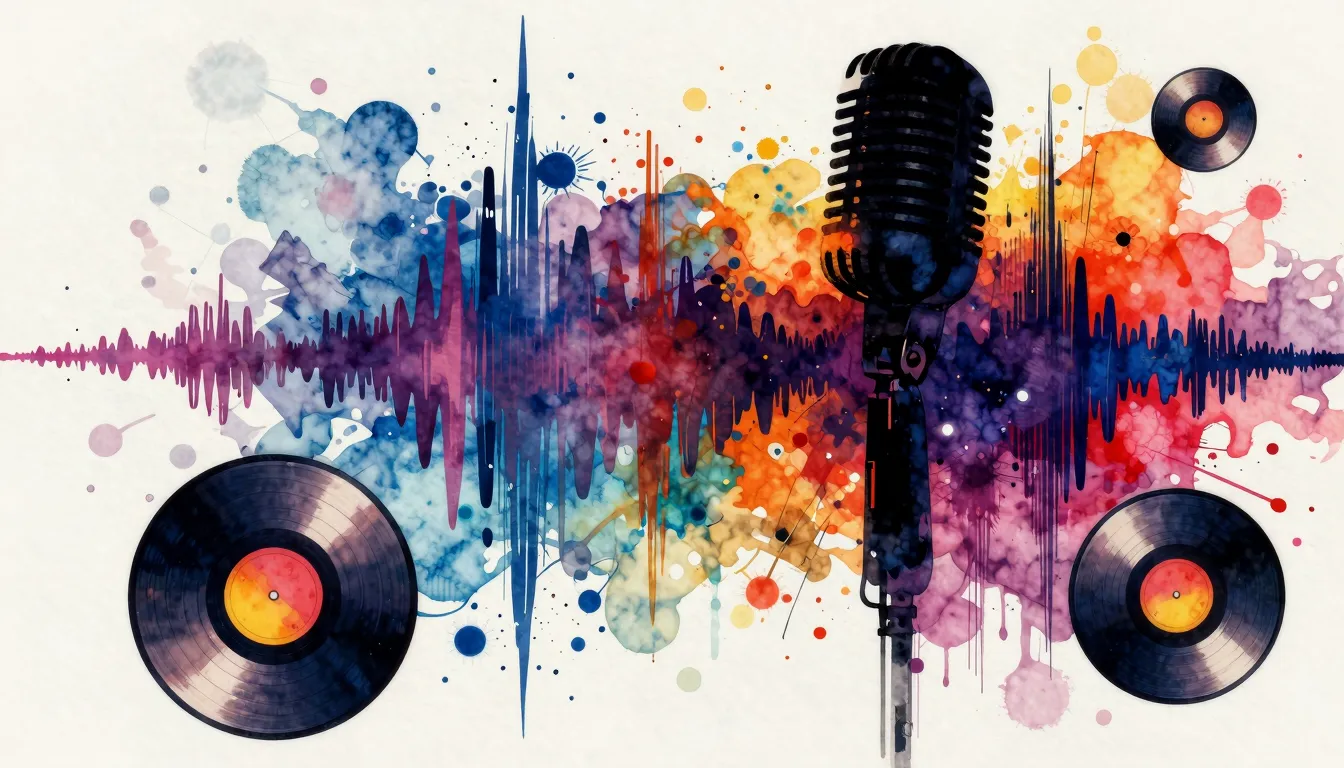 Vibrant watercolor style. Dynamic rap album cover, abstract,...