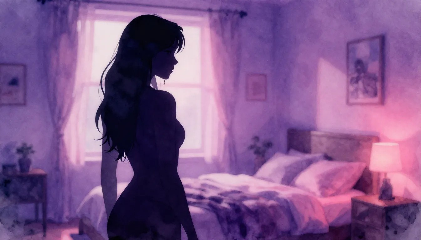 Watercolor style. Silhouette of a slender woman in a dimly l...