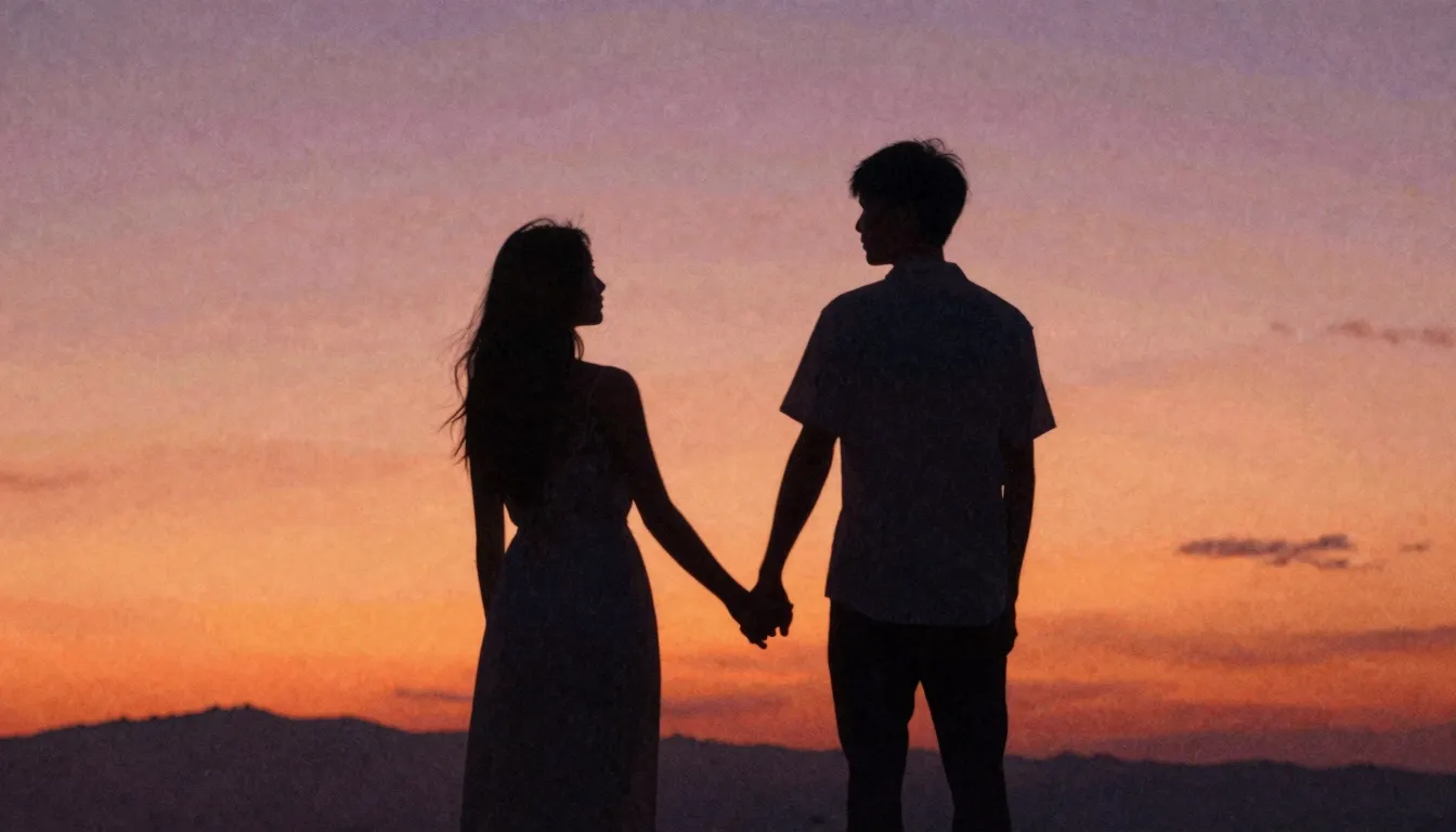 Watercolor style. Two dark silhouettes of a couple holding h...