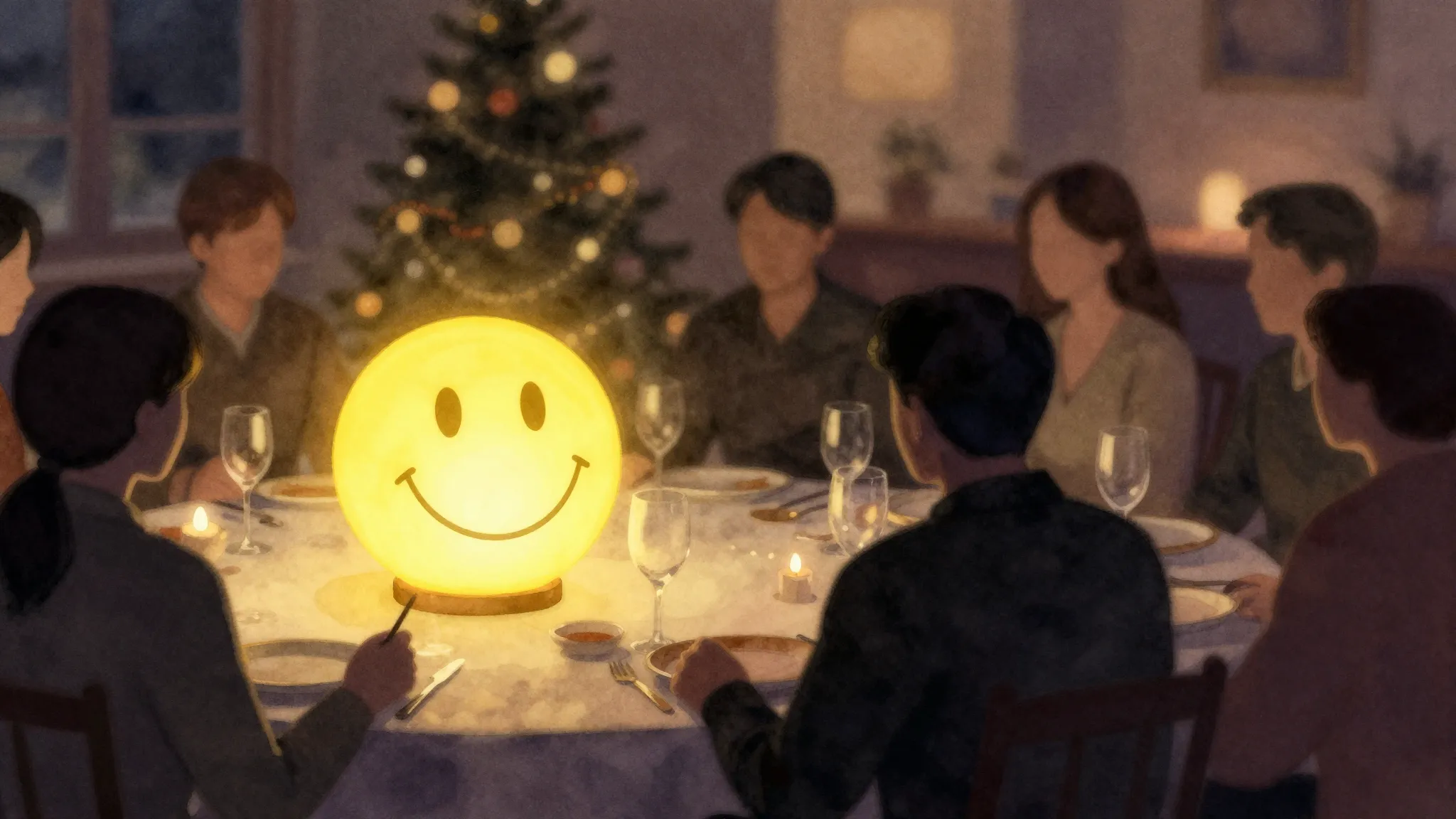 Watercolor style. A glowing yellow smiley face on a festive ...