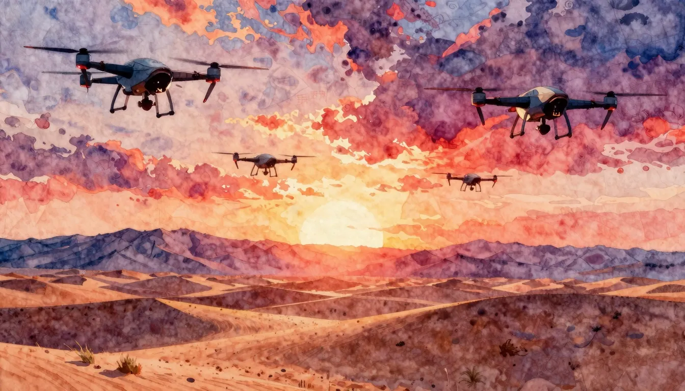 Vibrant watercolor style. Rock album cover. Drones flying ov...