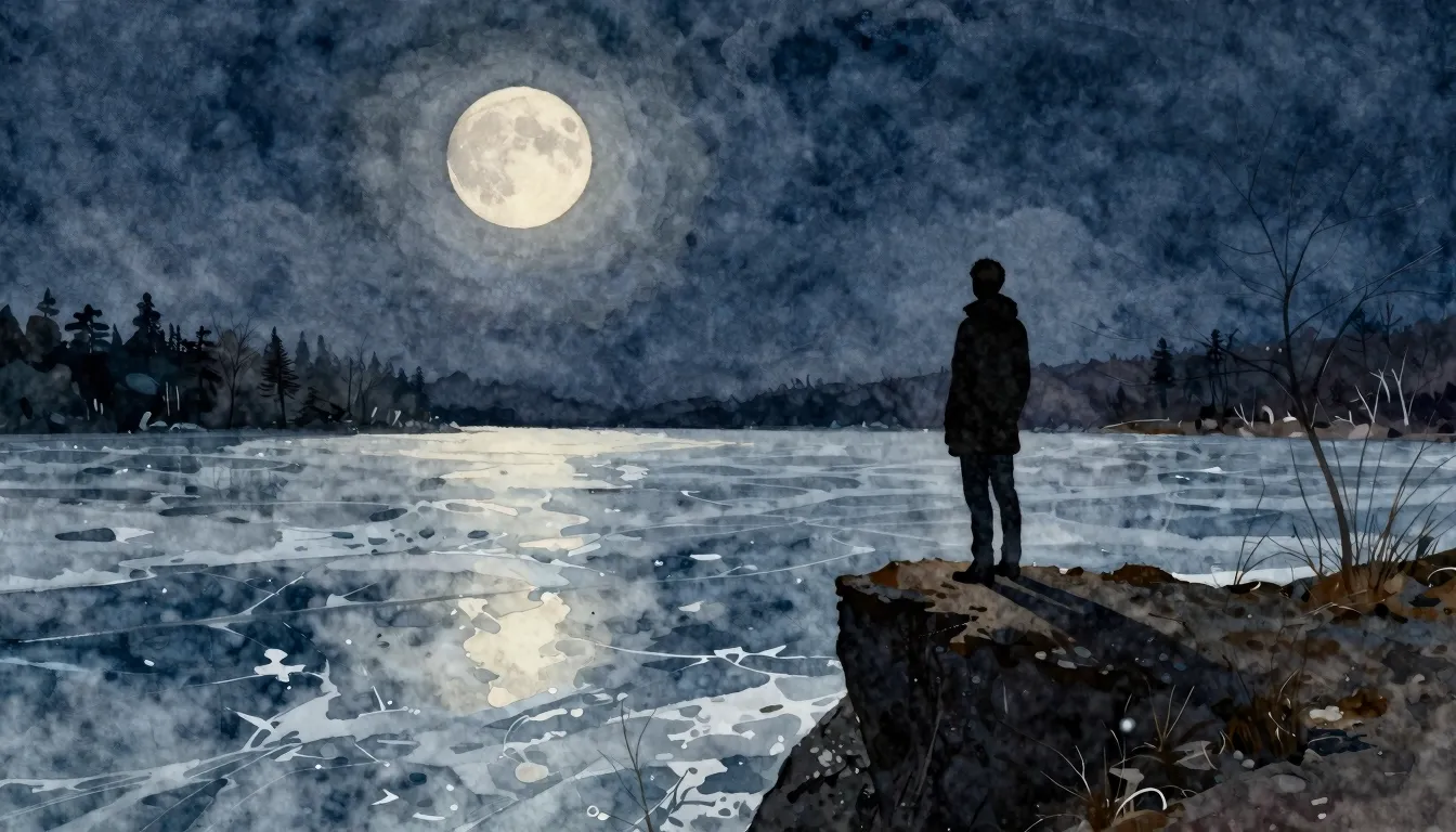 Watercolor style. A lonely silhouette standing on a cliff ov...