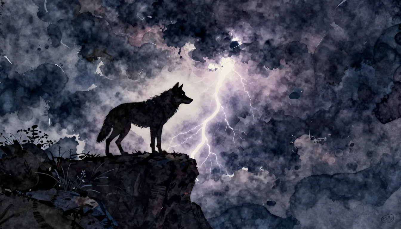 Watercolor style. Silhouette of a lone wolf standing on a ro...