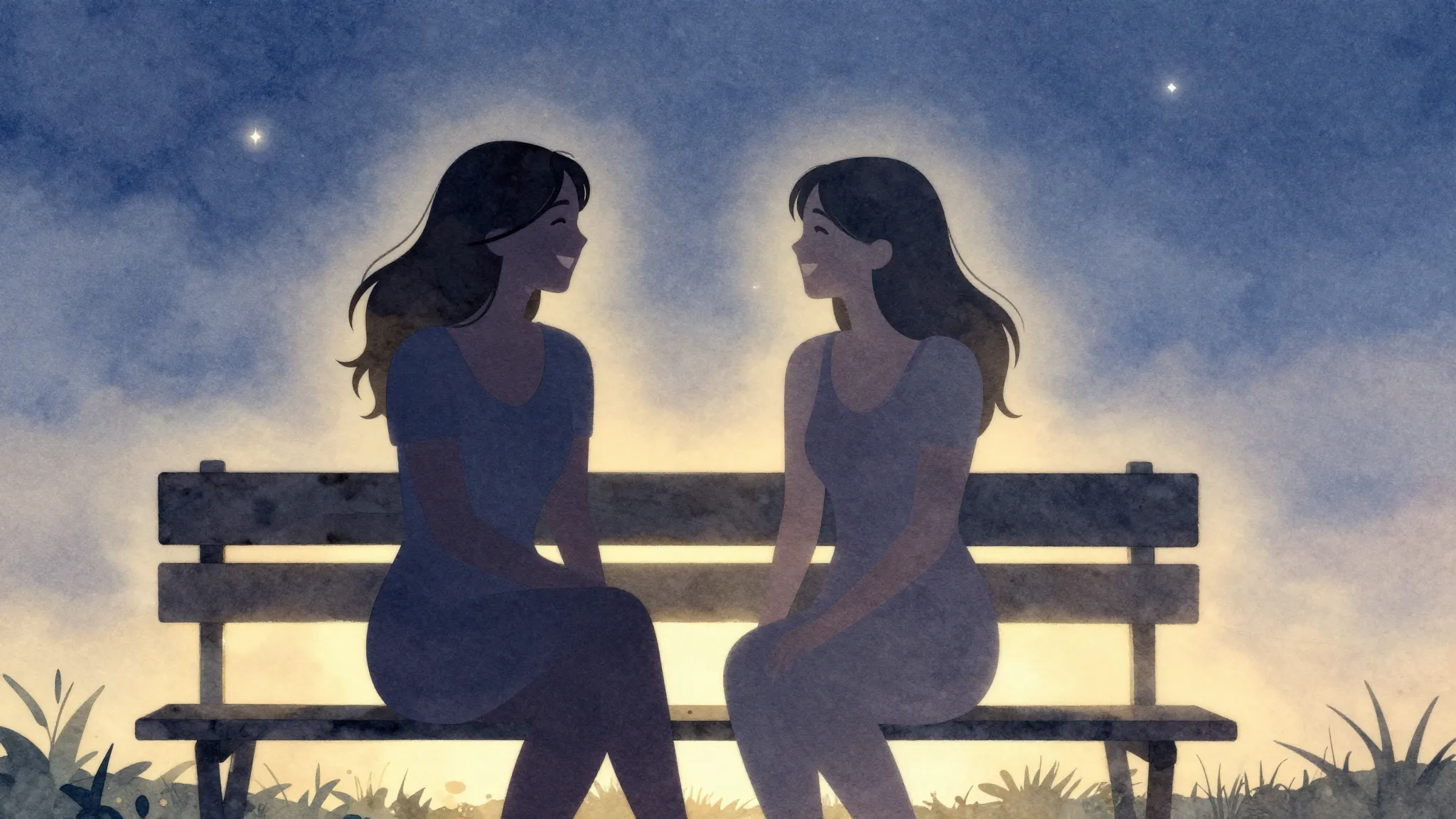 Watercolor style. Two female silhouettes sitting on a bench ...