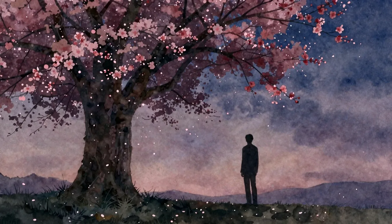 Watercolor style. A silhouette of a man standing alone under...