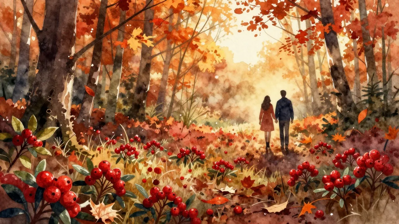 Watercolor style. Autumn forest with red lingonberries on th...