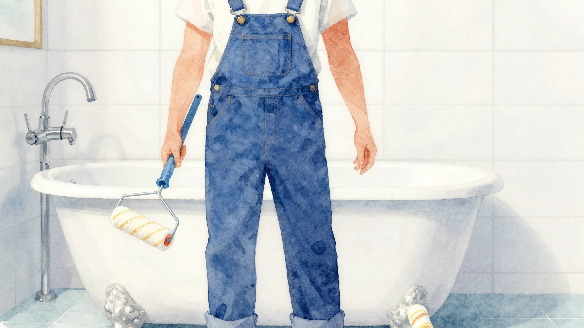 Watercolor style. A silhouette of a person in overalls holdi...