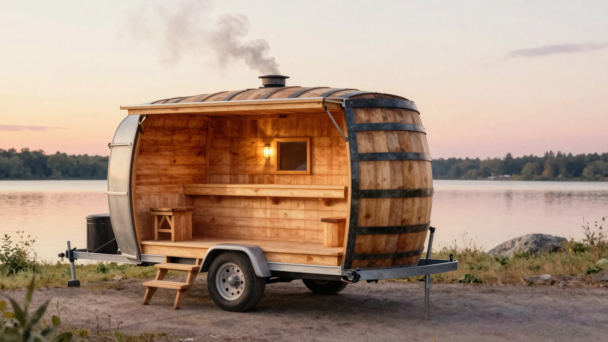 Watercolor style. A cozy wooden barrel sauna on a trailer, p...