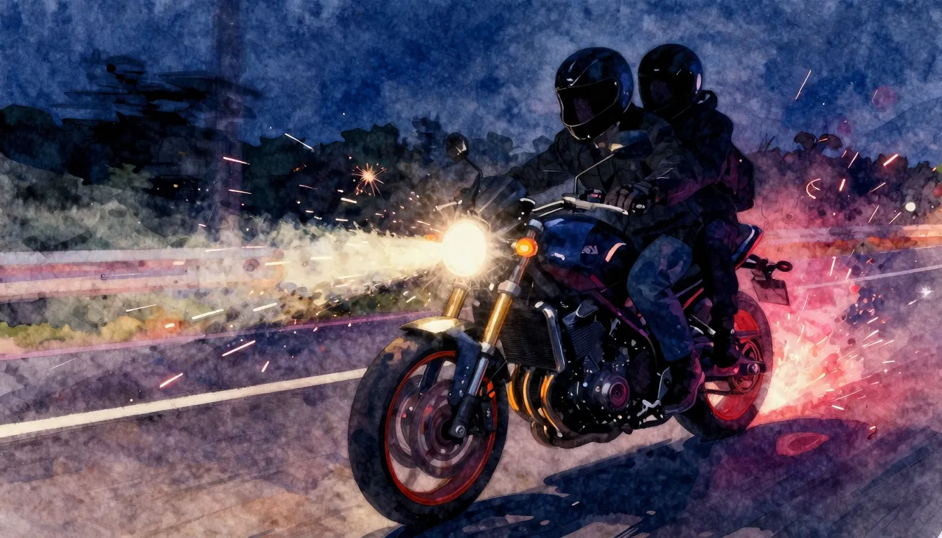 Vibrant watercolor style. A motorcycle headlight cutting thr...