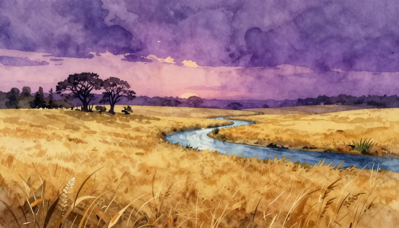 Watercolor style. A vast golden field under a purple sunset,...