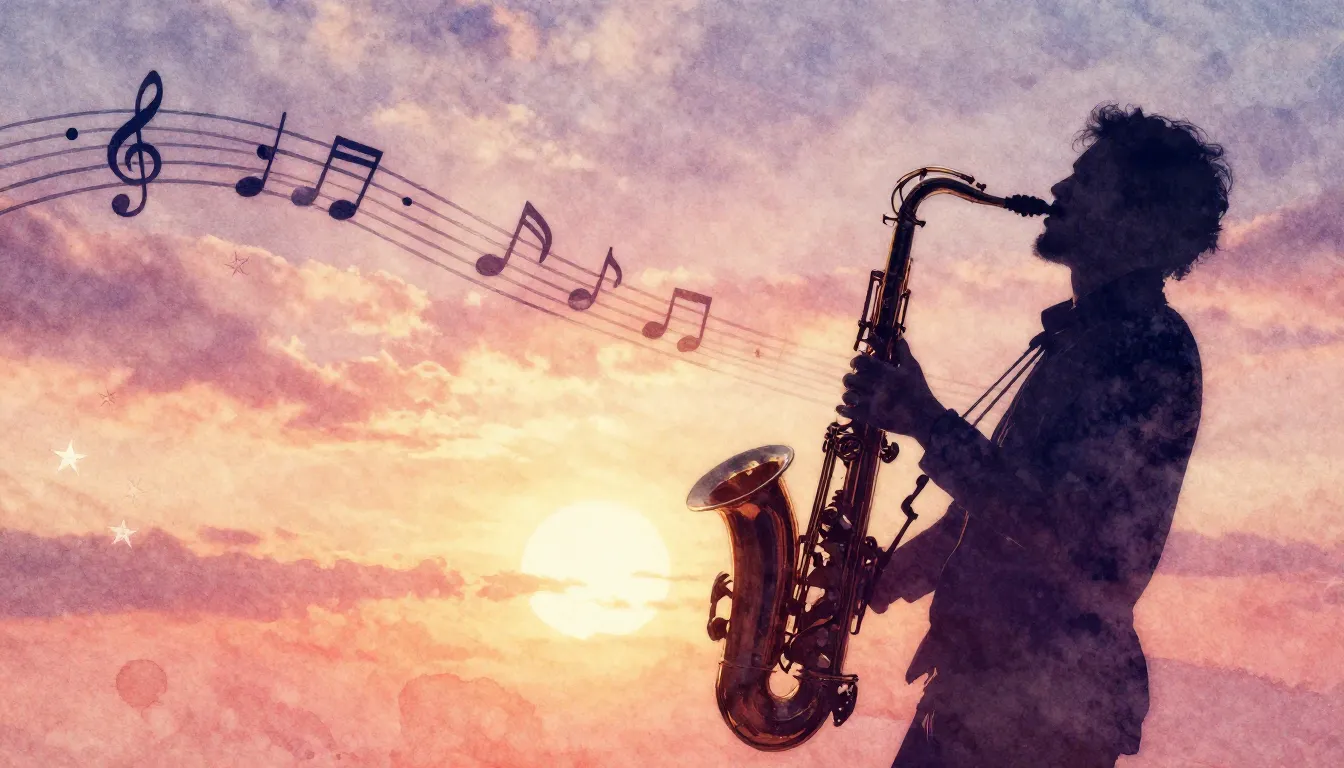 Vibrant watercolor style. Jazz album cover. A saxophone silh...