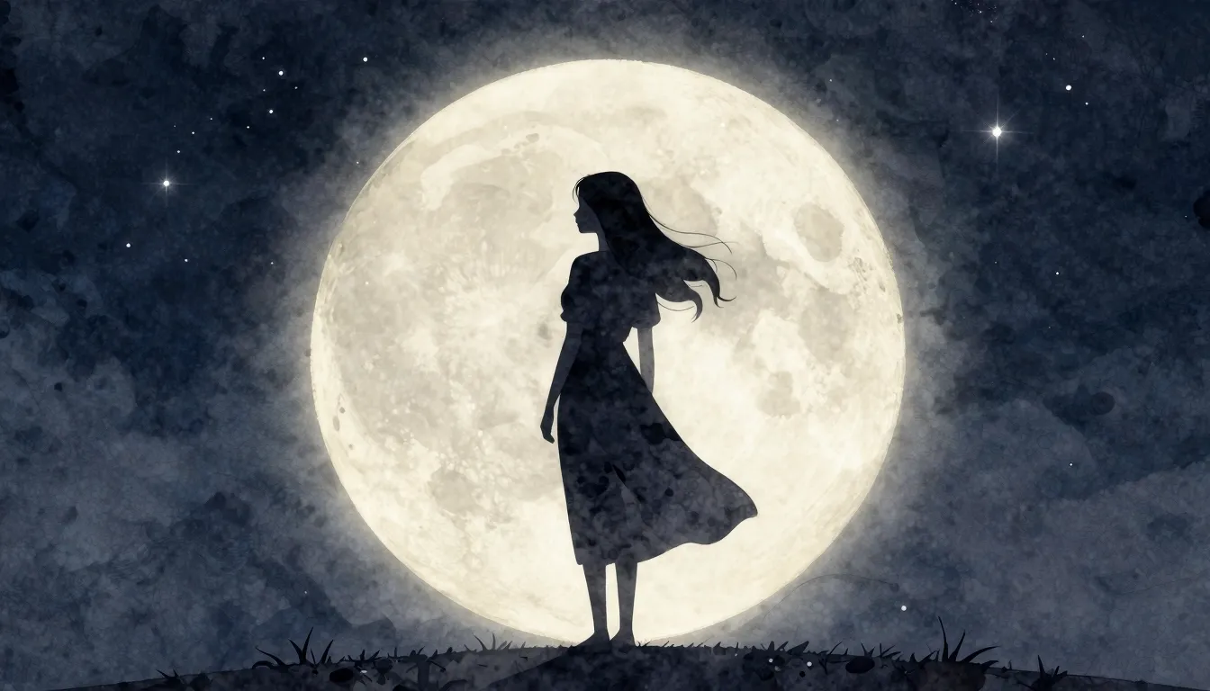 Watercolor style. A dark silhouette of a woman standing agai...