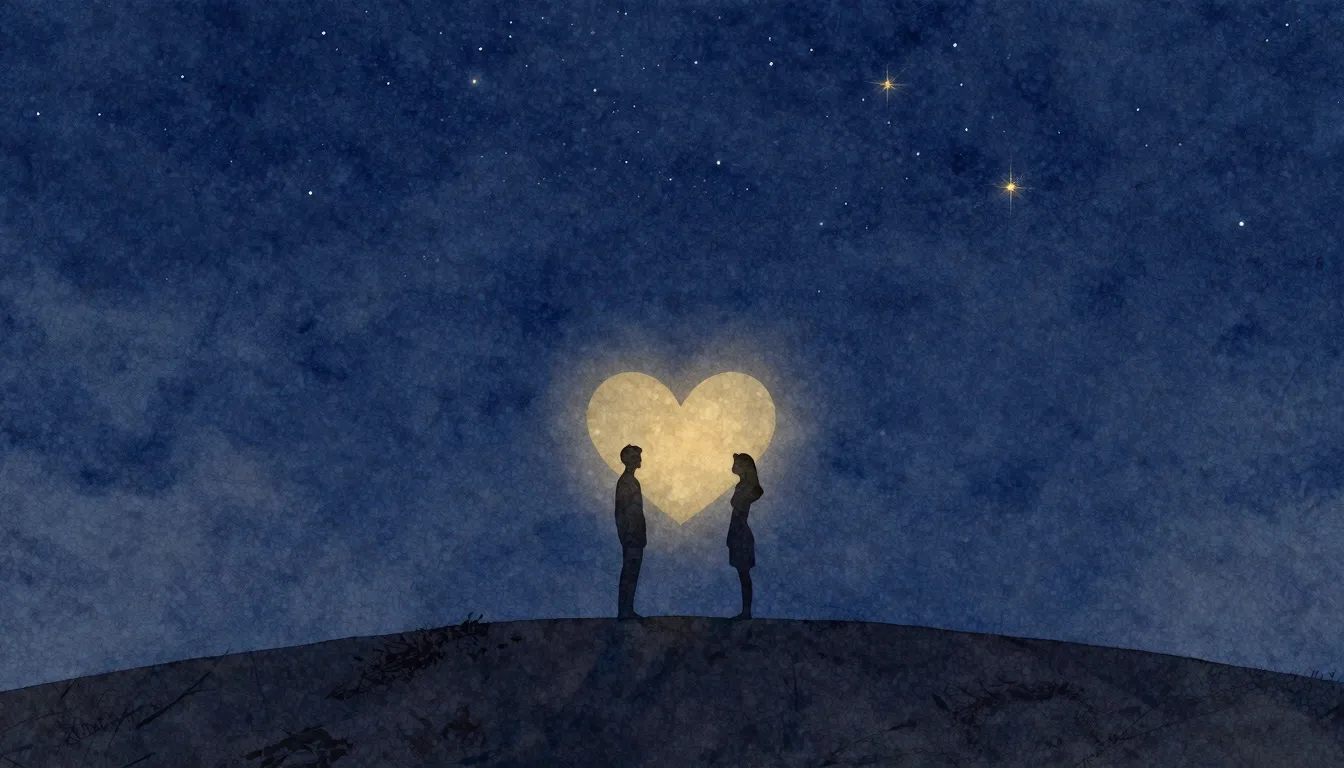 Watercolor style. A dark silhouette of two figures standing ...
