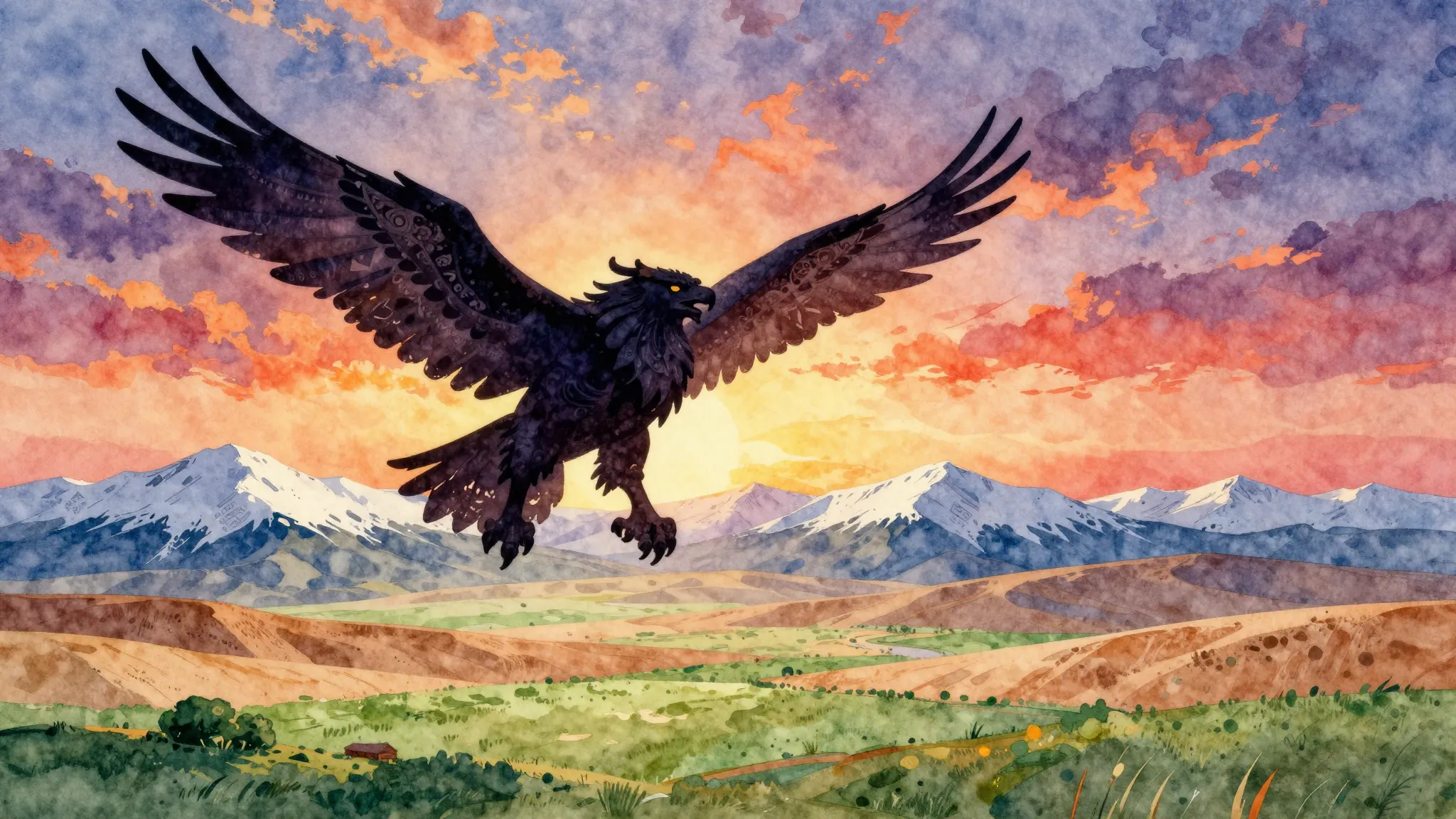 Vibrant watercolor style. Folk album cover: A majestic griff...