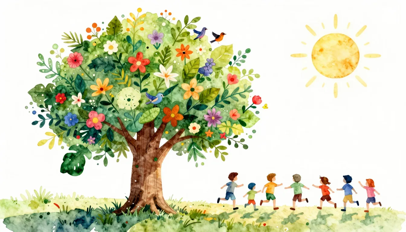 Watercolor style. A stylized, vibrant tree in the shape of t...