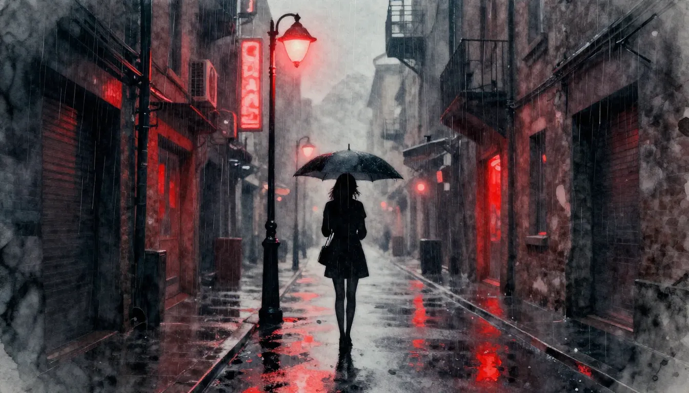 Watercolor style. Silhouette of a woman standing alone under...