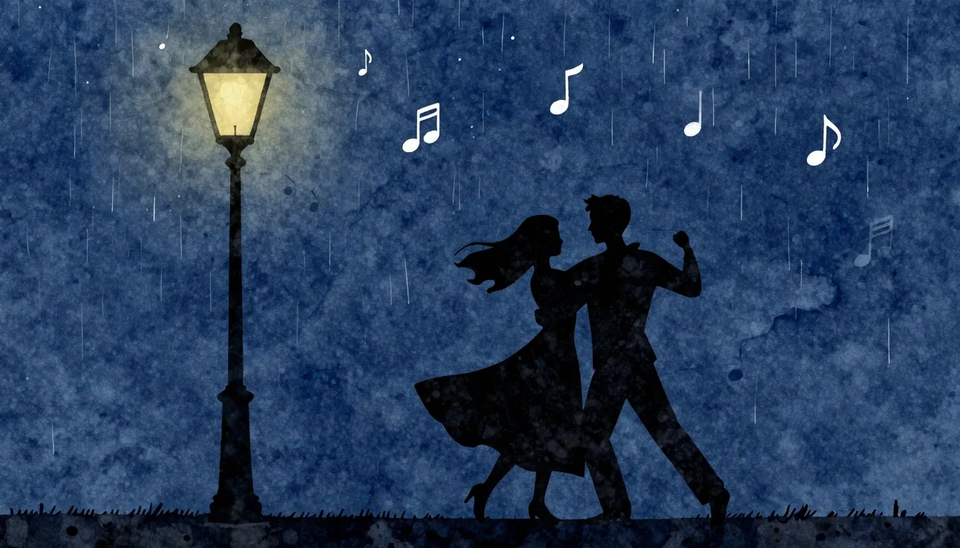 Watercolor style. Silhouette of two figures dancing under a ...