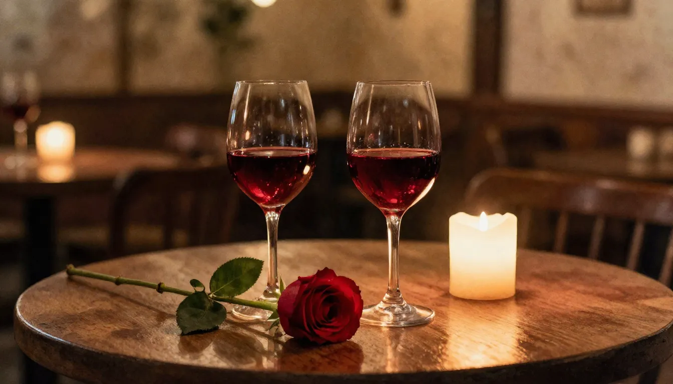 Watercolor style. A cozy dimly lit tavern table with two gla...