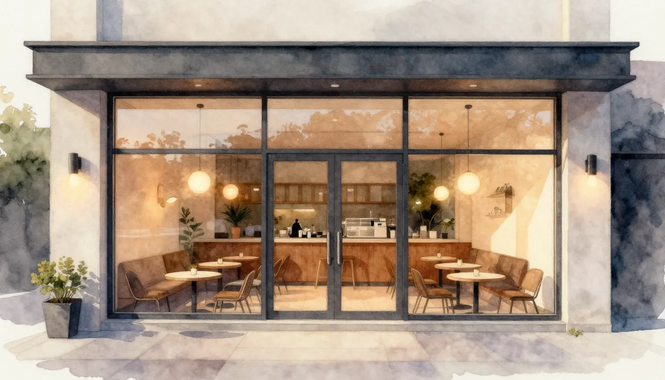Watercolor style. Minimalist modern cafe exterior at sunset,...
