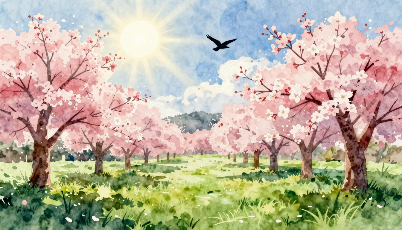 Watercolor style. Bright spring landscape, blooming cherry t...