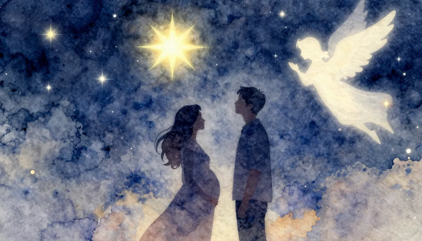Watercolor style. A silhouette of a pregnant woman and a man...