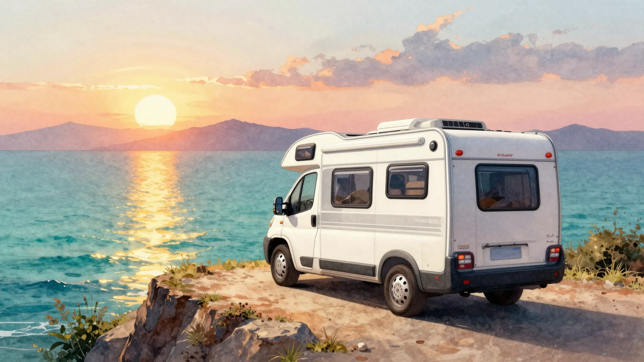 Watercolor style. A cozy motorhome parked on a high cliff ov...