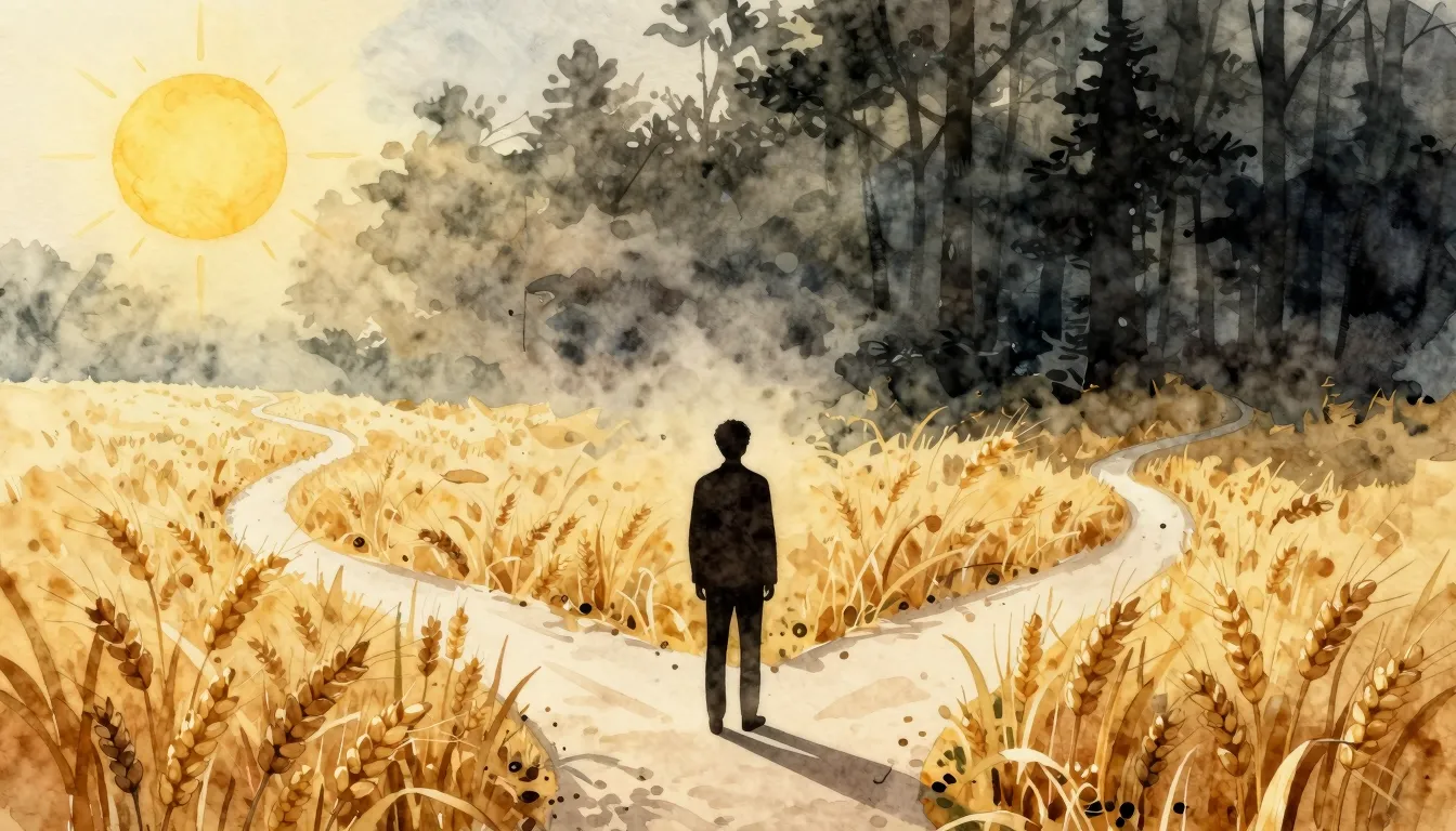 Watercolor style. A silhouette of a person stands at a cross...