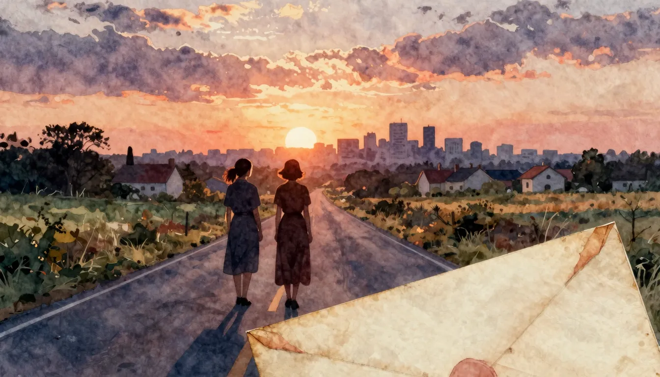 Watercolor style. Two female silhouettes stand on a country ...