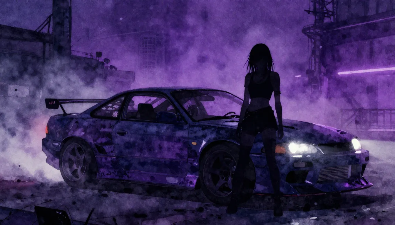 Watercolor style. Dark urban aesthetic, neon purple and blue...