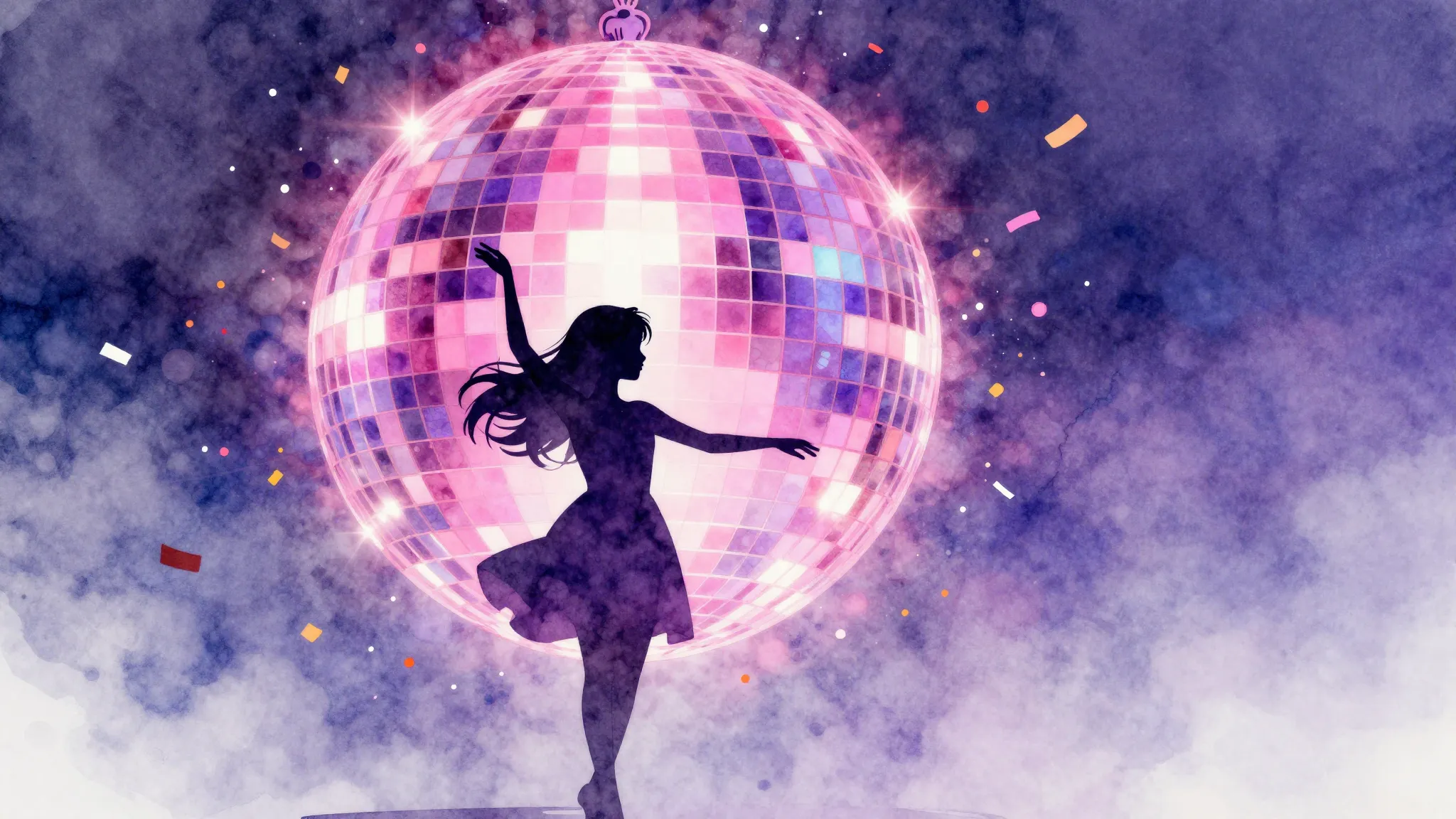 Watercolor style. A silhouette of a girl dancing under a gia...