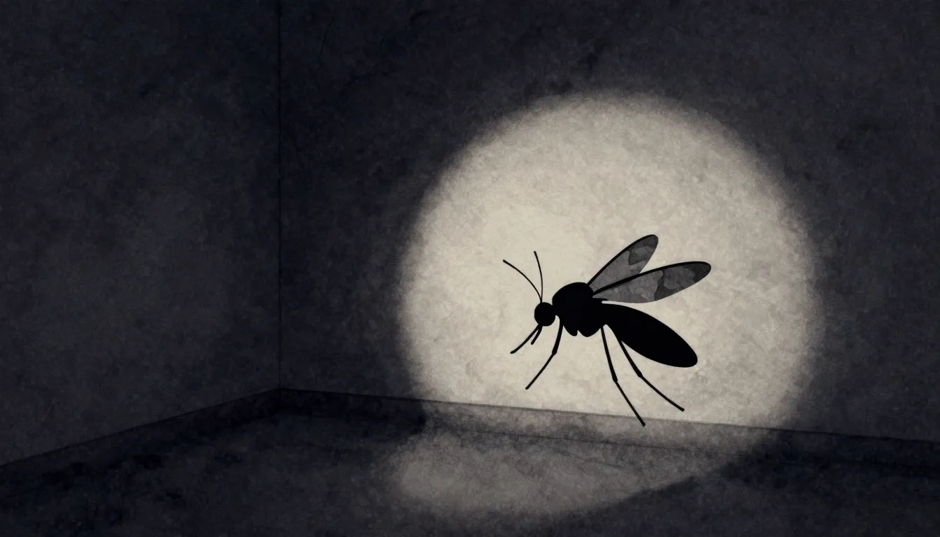 Watercolor style. A tiny mosquito silhouette flying in a dar...