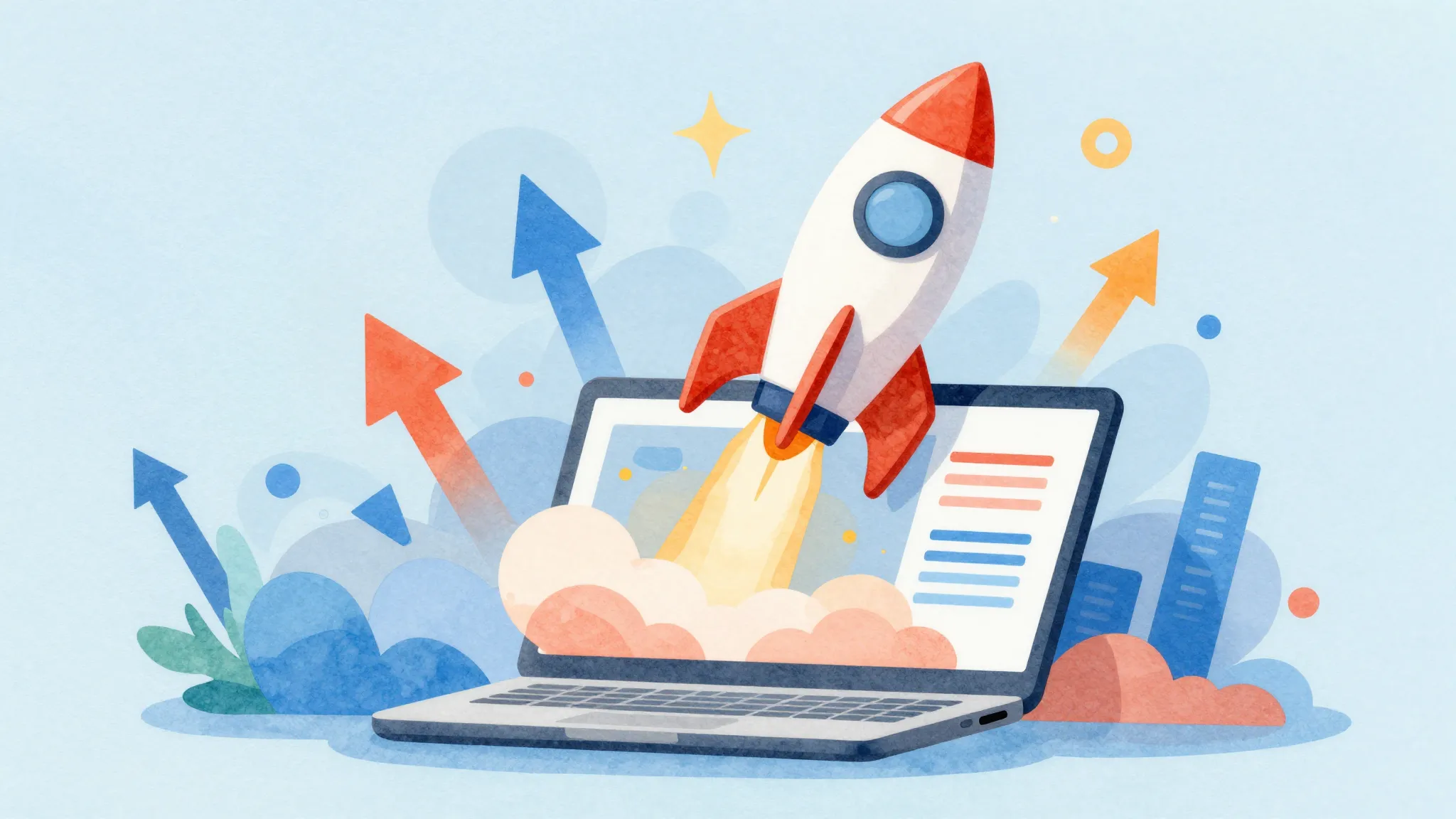 Watercolor style. A bright, modern illustration of a rocket ...