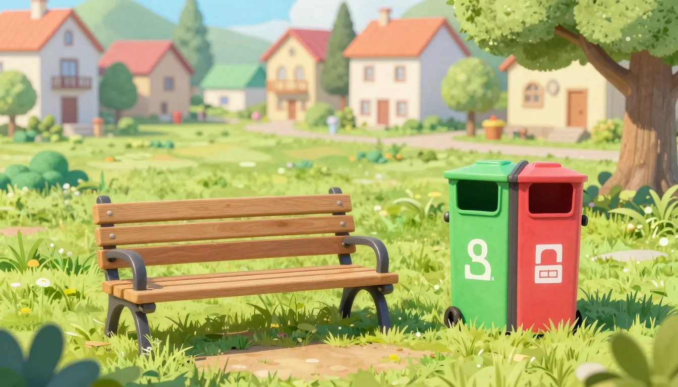Watercolor style. A cozy village park with green grass, a cl...