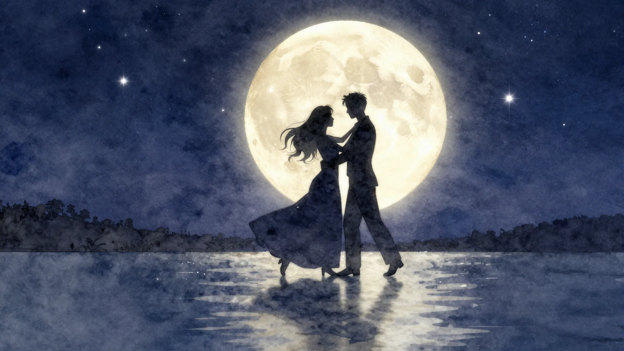 Watercolor style. A silhouette of a couple dancing under a h...