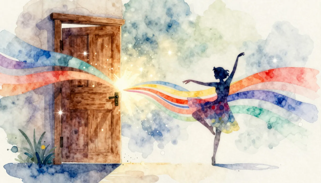 Watercolor style. A stylized wooden door slightly ajar, vibr...