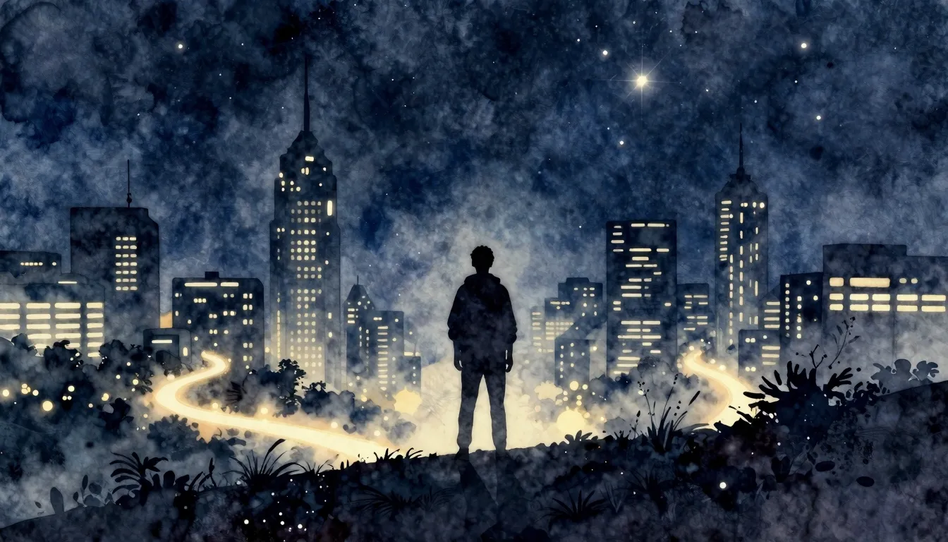 Watercolor style. Silhouette of a figure standing on a hill ...