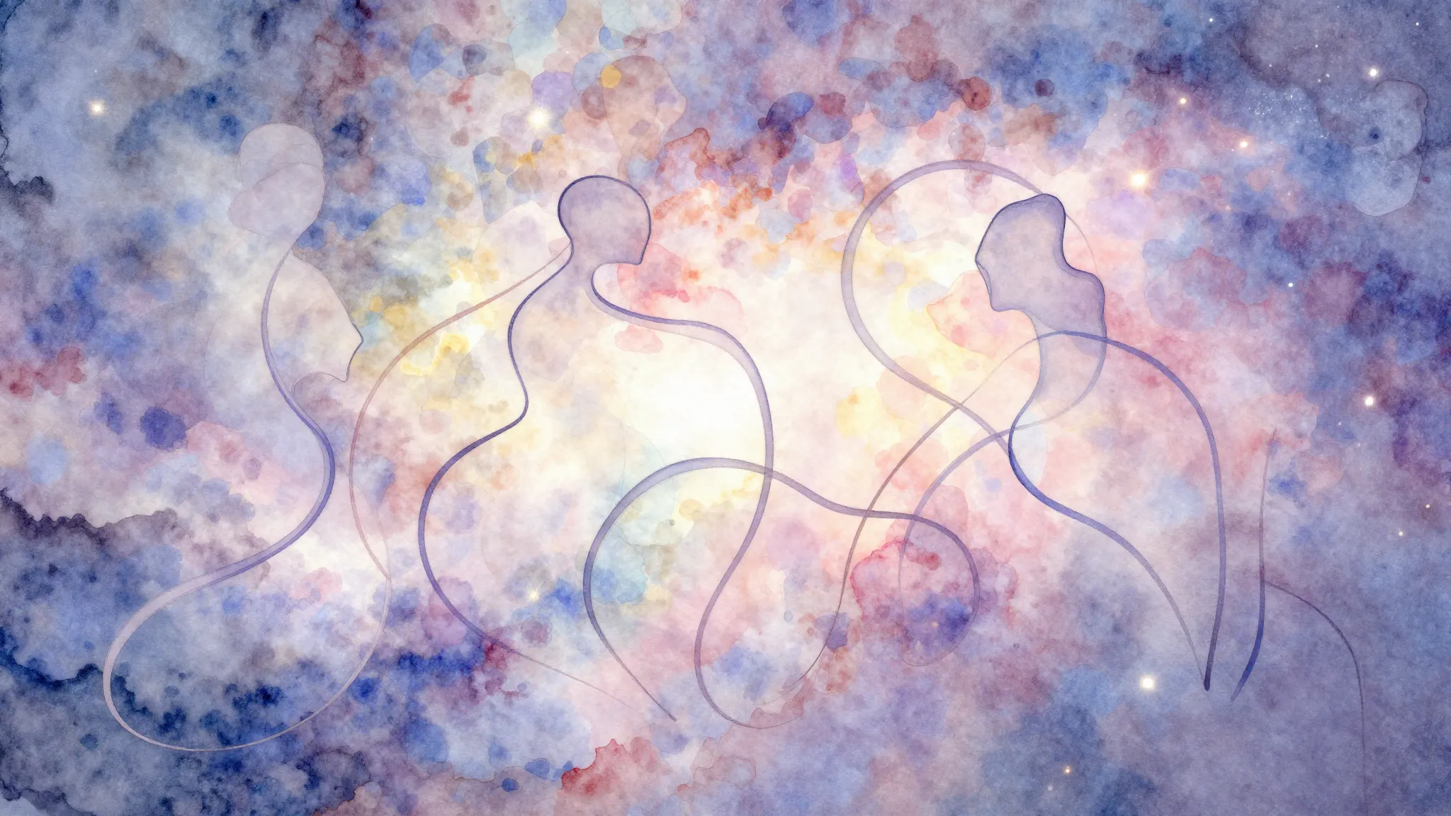 Watercolor style. Three abstract, intertwined figures made o...