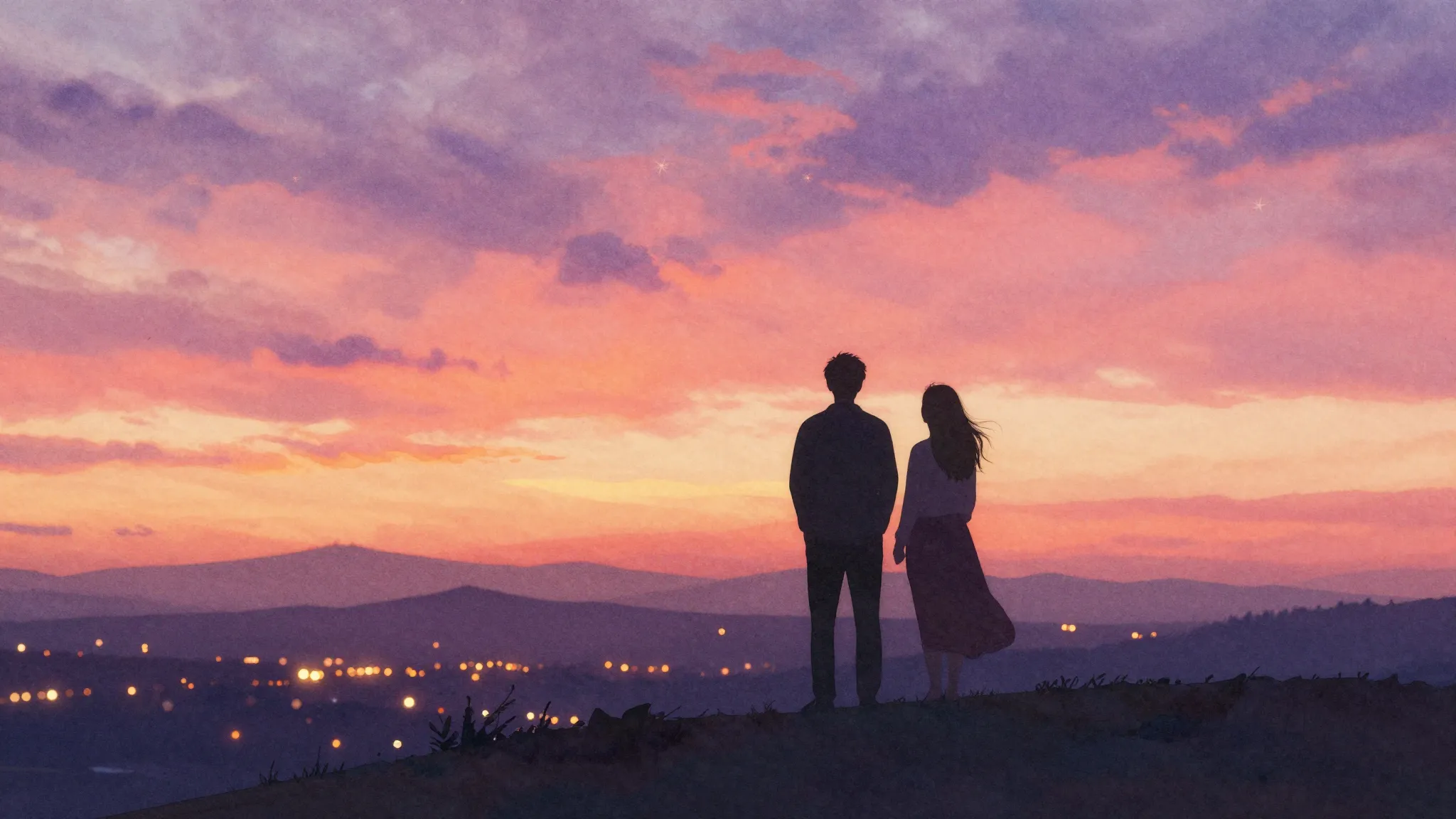 Watercolor style. A silhouette of a couple standing on a hil...