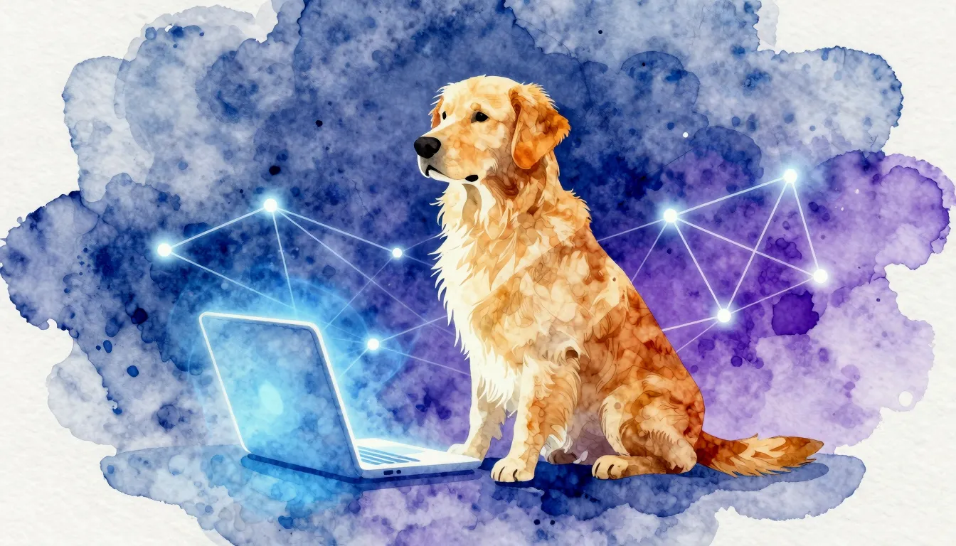 Watercolor style. A silhouette of a golden retriever dog sit...